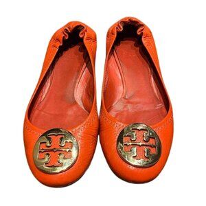 Tory Burch Minnie Travel Ballet Flats Orange Leather Gold Logo – Women’s Size